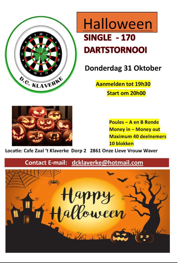 HALLOWEEN Single Darts 170 Tornooi DC Klaverke donderdag 31 oktober