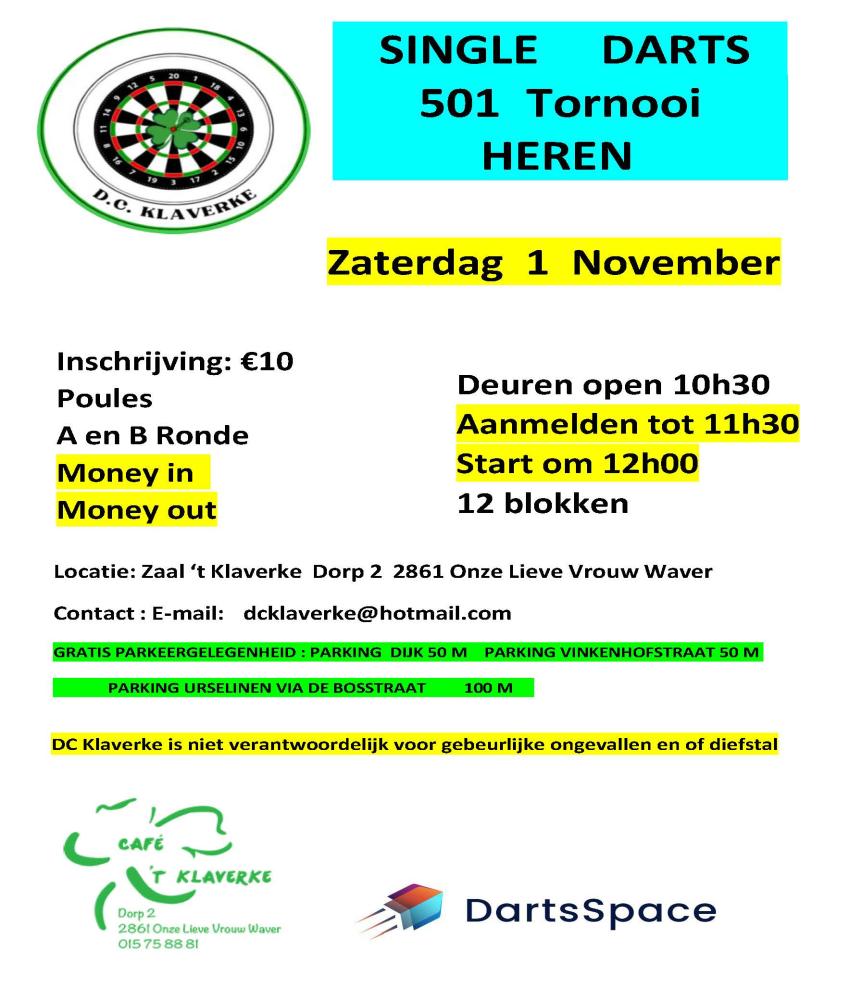 KLAVERKES Halloween 501 tornooi 2025 voor Heren
