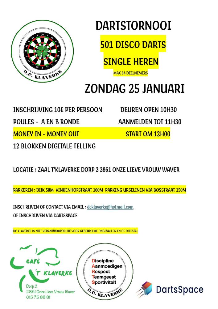 SINGLE DISCO DARTS 501 TORNOOI HEREN