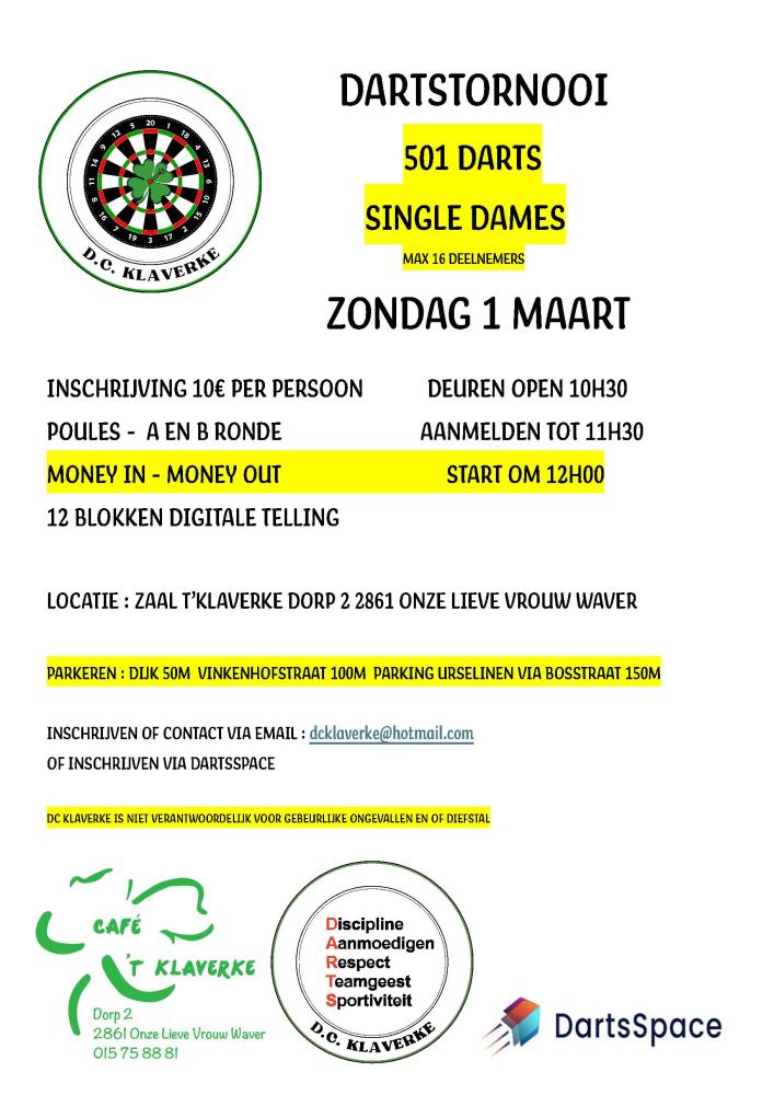 DC KLAVERKE SINGLE DARTS 501 MAART TORNOOI DAMES