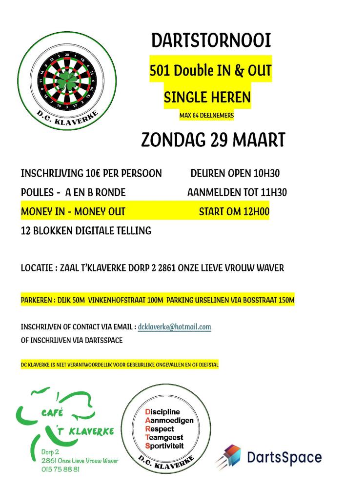 Single 501 Darts Tornooi Heren !! double in double out !! Maart 2026