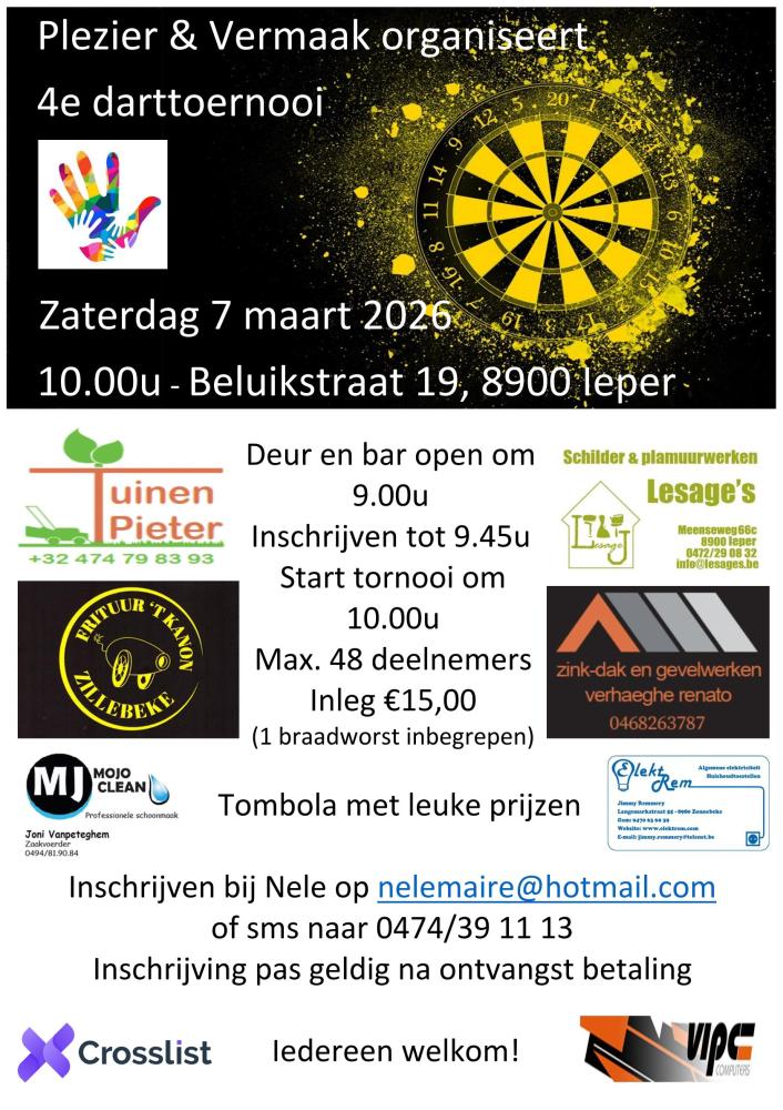 Plezier en Vermaak richt 4de darttoernooi in