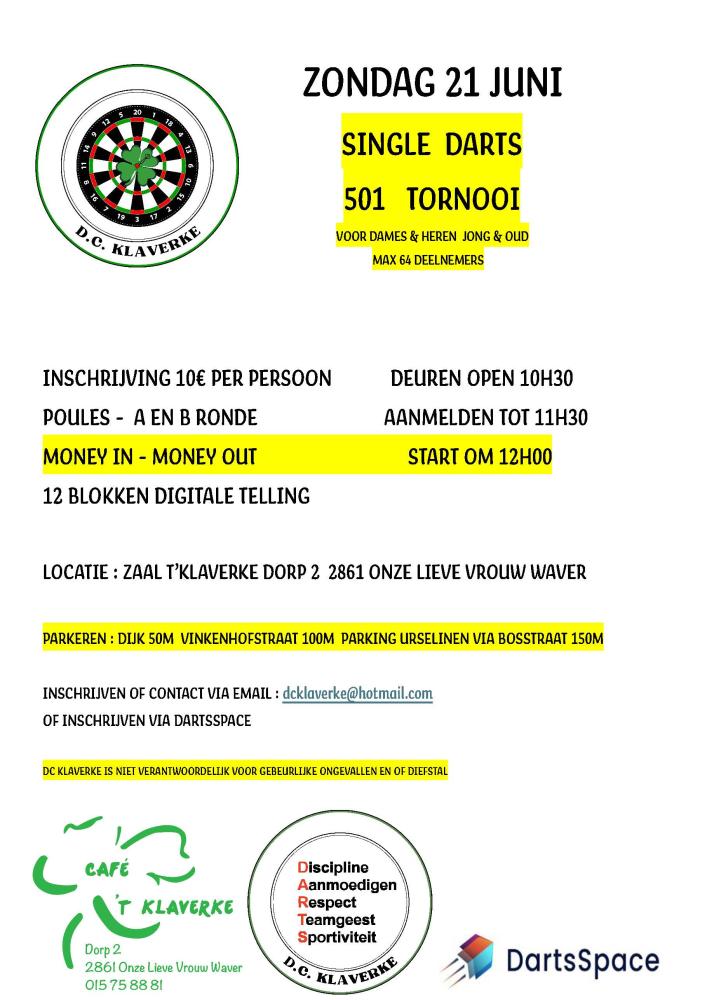 DC KLAVERKE Single 501 Darts Tornooi zondag 21 juni