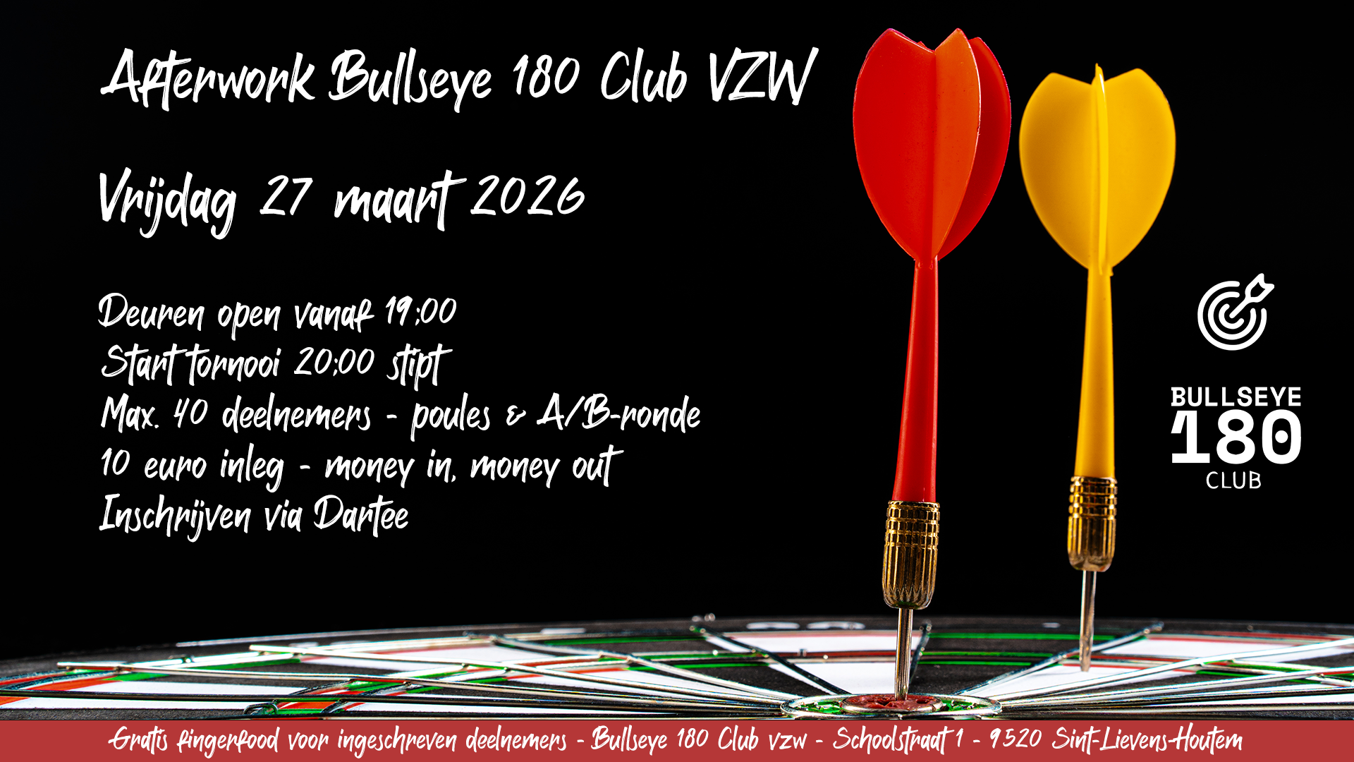 Afterwork dartstornooi - gratis frituurhapjes voor deelnemers - Bullseye 180 Club VZW