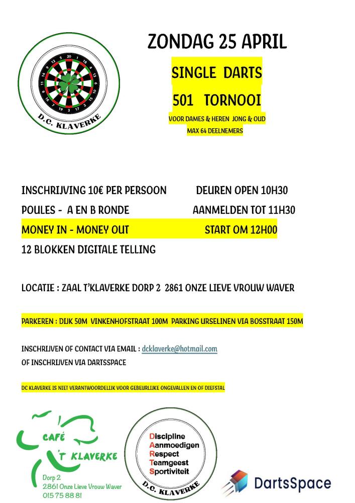 SINGLE DARTS 501 TORNOOI voor dames en heren jong en oud